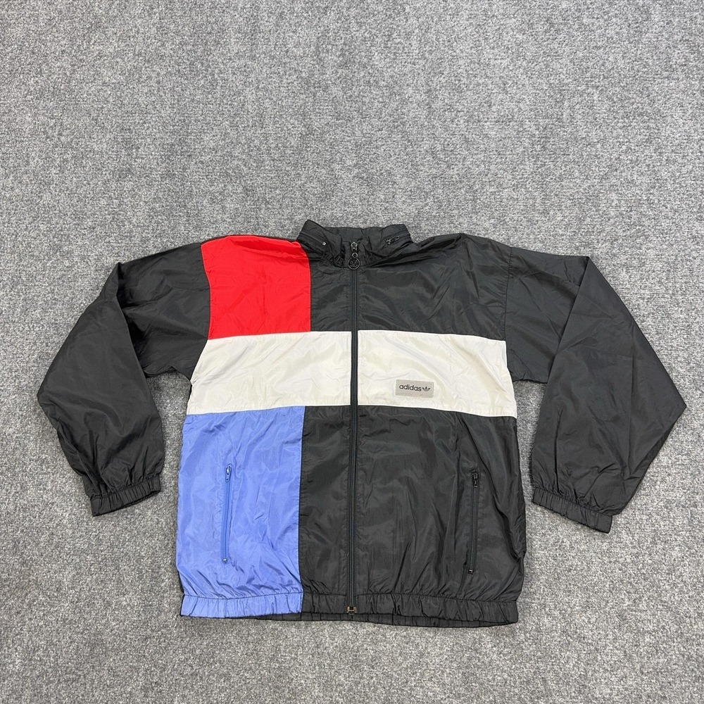 Vintage Adidas Jacket Women L Black Colorblock Full Zip Hooded Nylon Windbreaker